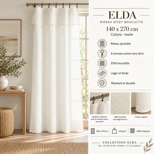 Rideau Ajustable + 8 Anneaux Pince 140 X 270 Cm Polyester Effet Bouclette Elda Ivoire