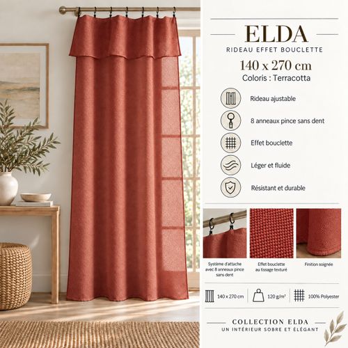 Rideau Ajustable + 8 Anneaux Pince 140 X 270 Cm Polyester Effet Bouclette Elda Terracotta