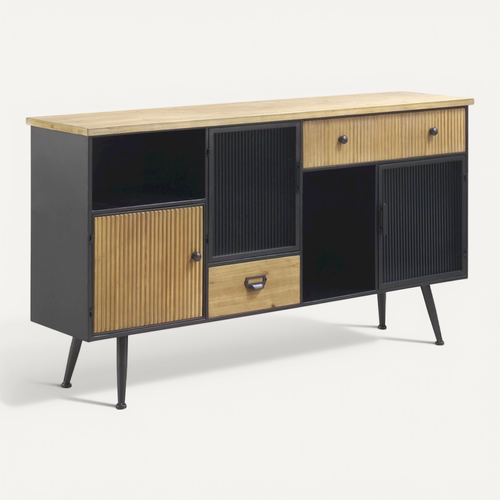 Buffet Métal Noir Et Bois Design Portes Verre Ondulé