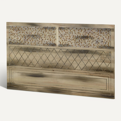 Tête De Lit Bois D'orme Naturel Sculpté Finition Greywash