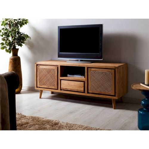 Meuble TV Design Naturel En Acacia Et Cannage Rattan