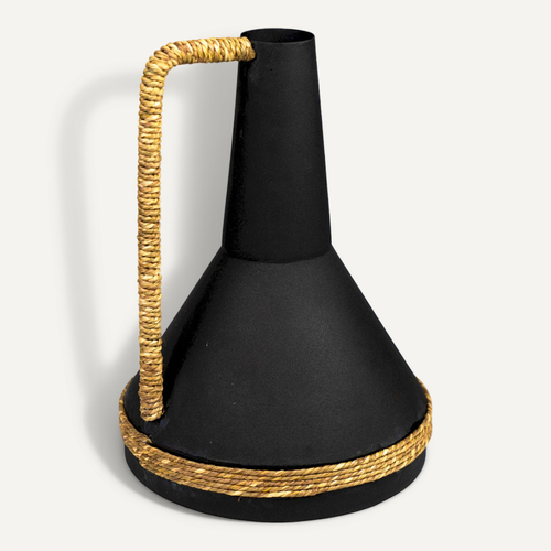Vase Décoratif Métal Noir Avec Anse En Rotin élégant