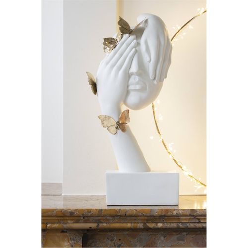 Sculpture Visage Papillon Doré Sur Socle Blanc Décoratif