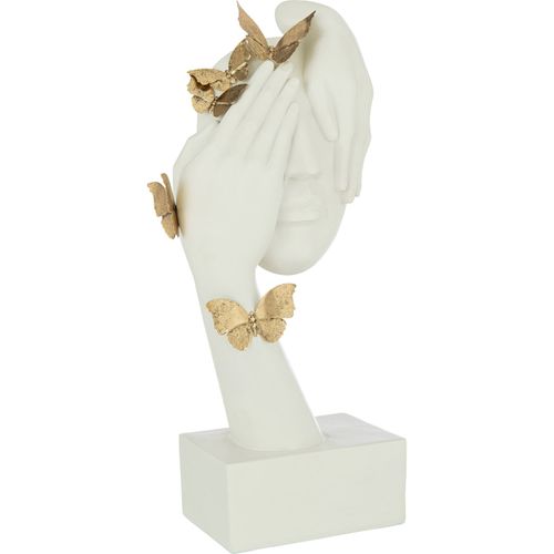Sculpture Visage Papillon Doré Sur Socle Blanc Décoratif