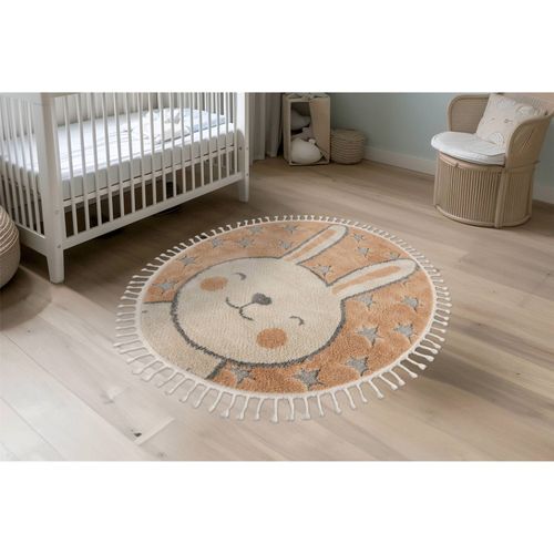 Tapis Rond Enfant Lapin Beige Effet 3d Doux 133 X 133 Cm Beige