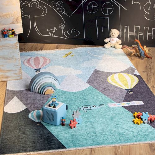 Tapis Enfant Doux Motif Montgolfières Multicolore