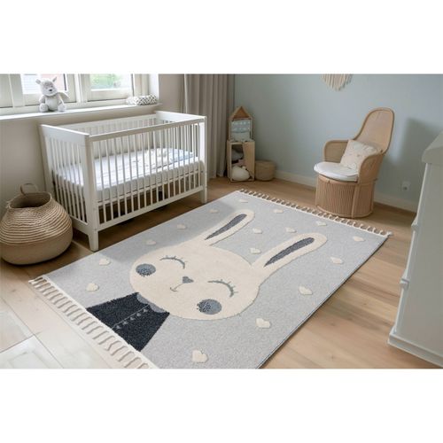 Tapis Rond Enfant Lapin Gris Doux Effet 3d Cut Loop 133 X 133 Cm Gris