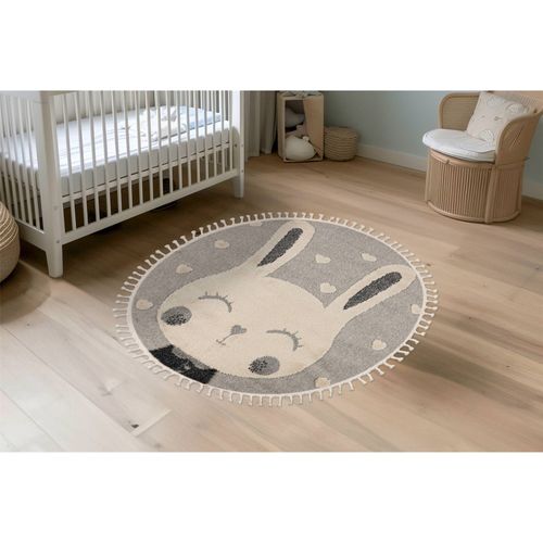 Tapis Rond Enfant Lapin Gris Doux Effet 3d Cut Loop 133 X 133 Cm Gris