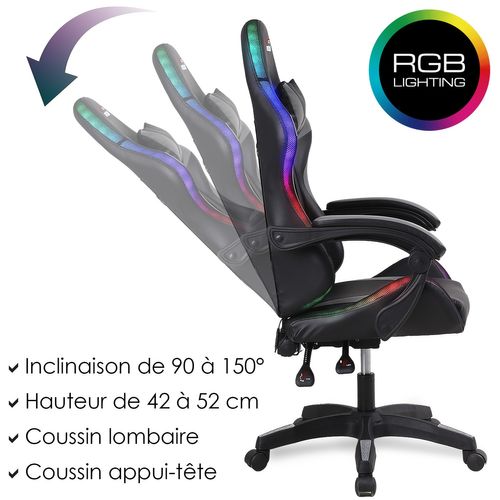 Ams-900-led-bk Fauteuil / Chaise De Bureau Gamer Noir Gris - Eclairage LED 366 Effets - Télécommande