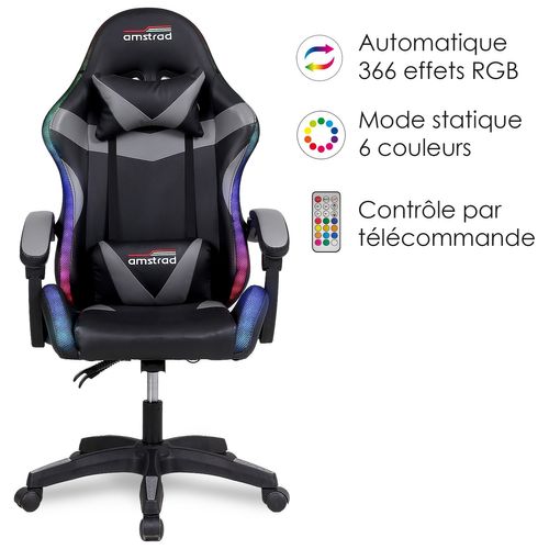 Ams-900-led-bk Fauteuil / Chaise De Bureau Gamer Noir Gris - Eclairage LED 366 Effets - Télécommande