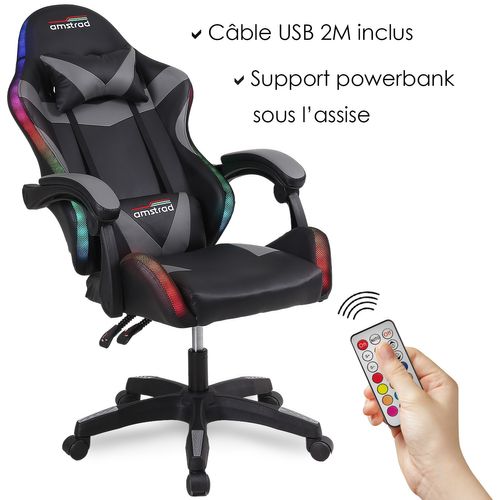 Ams-900-led-bk Fauteuil / Chaise De Bureau Gamer Noir Gris - Eclairage LED 366 Effets - Télécommande