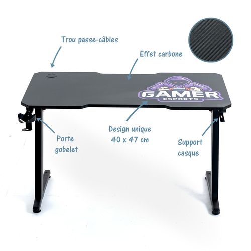 Bureau Gaming 120x60x73 Cm - Design "gamer" Finition Carbone