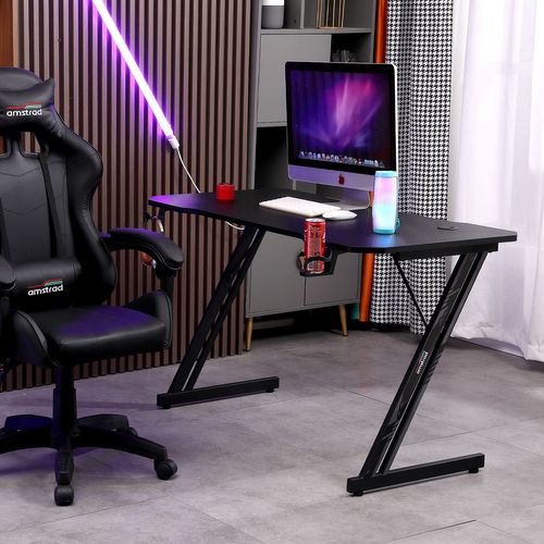 Bureau Gamer Ams-desk120-2z-black - Largeur 1m20 - Style Carbone - Porte Gobelet et Casque