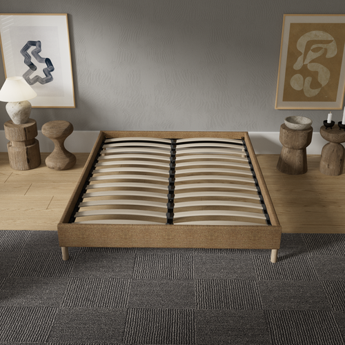 Sommier 140x190 Cm, Cadre En Tissu Brun, Pieds En Bois