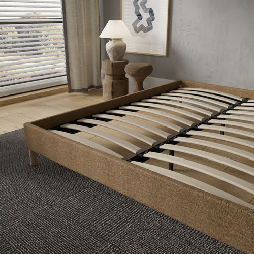 Sommier 140x190 Cm, Cadre En Tissu Brun, Pieds En Bois