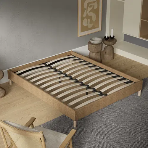 Sommier 140x200 Cm, Cadre En Tissu Brun, Pieds En Bois