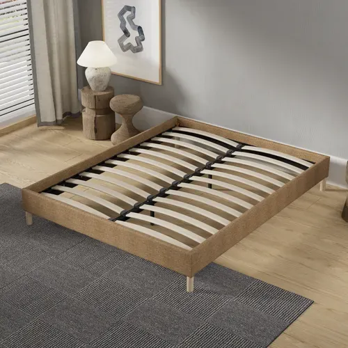 Sommier 140x200 Cm, Cadre En Tissu Brun, Pieds En Bois