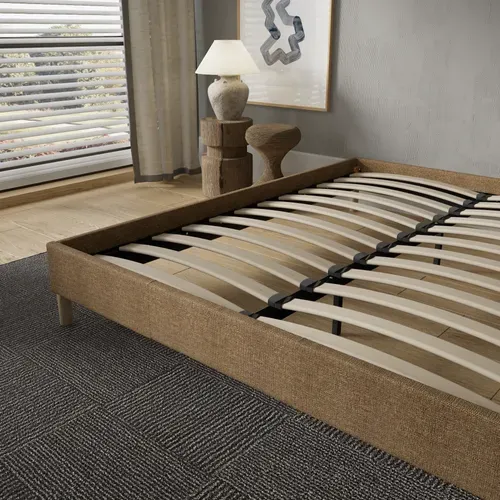 Sommier 140x200 Cm, Cadre En Tissu Brun, Pieds En Bois
