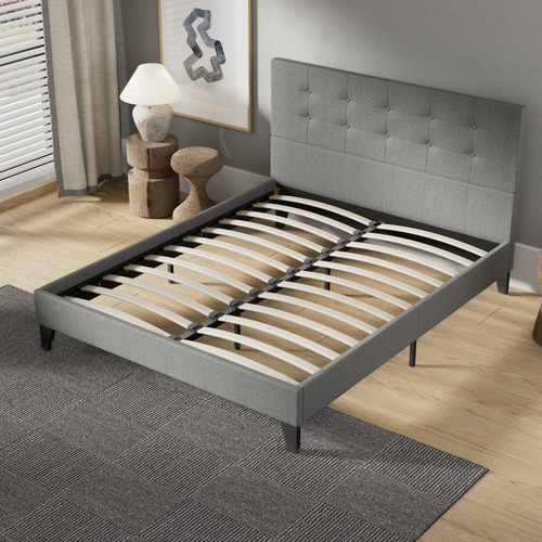Lit 140x190 Cm Avec Tête De Lit Tissu Gris