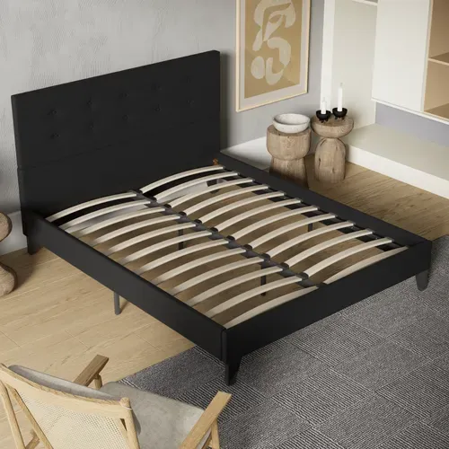 Lit 140x190 Cm Avec Tête De Lit Tissu Noir