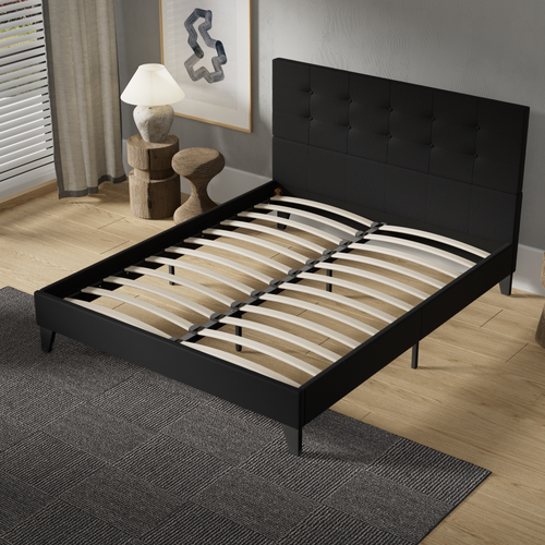 Lit 140x190 Cm Avec Tête De Lit Tissu Noir