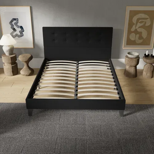 Lit 140x190 Cm Avec Tête De Lit Tissu Noir