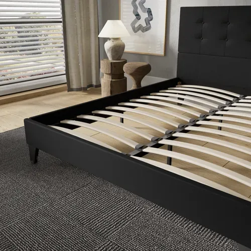 Lit 140x190 Cm Avec Tête De Lit Tissu Noir