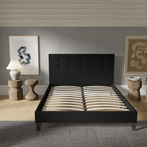 Lit 140x190 Cm Avec Tête De Lit Tissu Noir