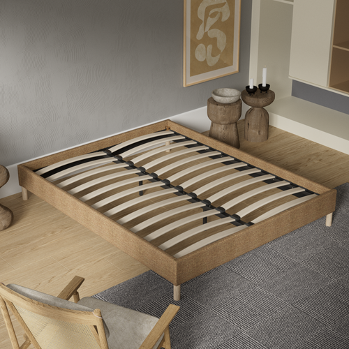 Sommier 160x200 Cm, Cadre En Tissu Brun, Pieds En Bois