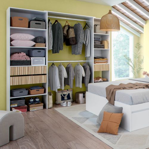 Dressing Ouvert Avec étagères Et 3 Tiroirs Blanc Et Bois Naturel