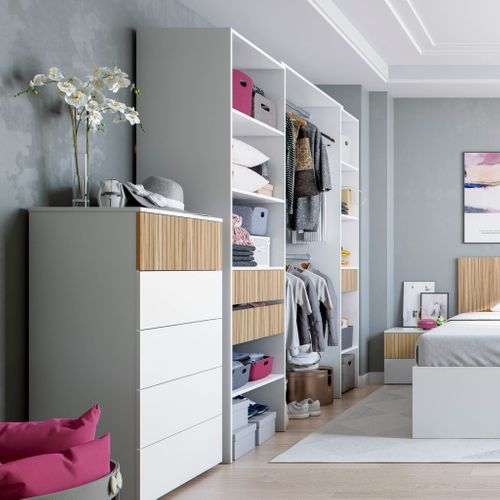 Dressing Ouvert Avec étagères Et 3 Tiroirs Blanc Et Bois Naturel