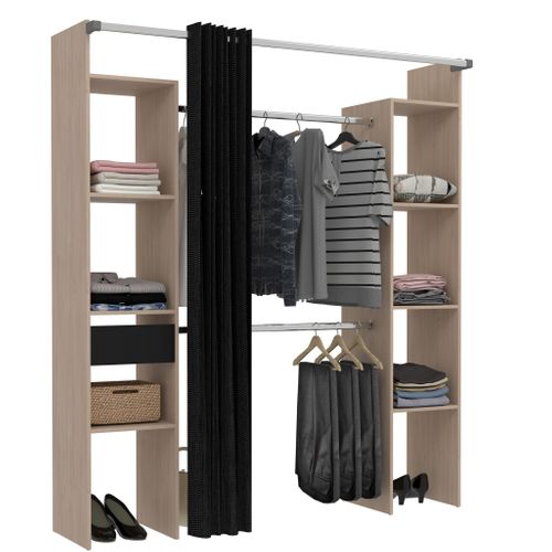 Dressing  2 Colonnes Bois Naturel Avec Rideau Et Un Tiroir Noir