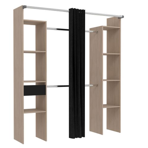 Dressing  2 Colonnes Bois Naturel Avec Rideau Et Un Tiroir Noir