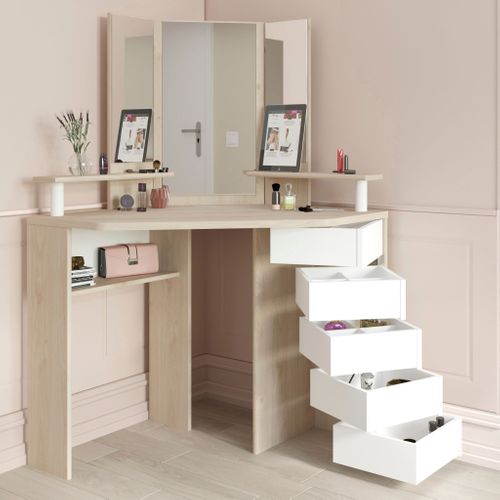 Coiffeuse D'angle ZELIA Blanche 3 Miroirs LED, 3 étagères, 1 Tiroir, 1 Caisson De Rangement Et Tabouret ID MARKET