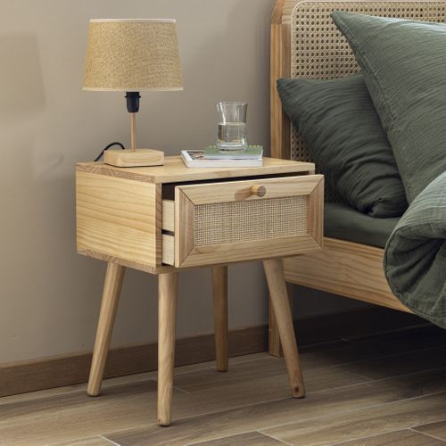 Chevet Cannage Avec Tiroir Effet Bois Naturel Anna