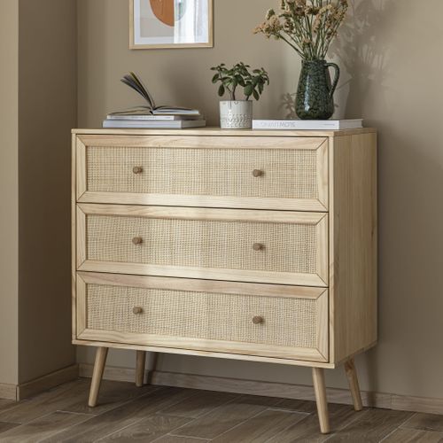 Commode Cannage Avec 3 Tiroirs Effet Bois Anna