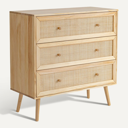 Commode Cannage Avec 3 Tiroirs Effet Bois Anna