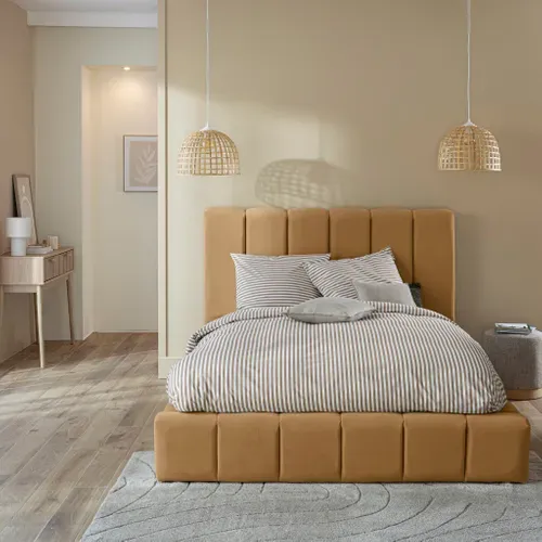 Lit Coffre 140x190 En Velours Matelassé Camel