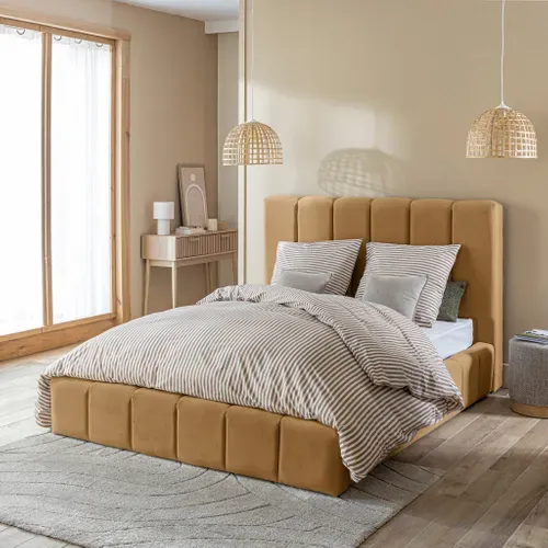 Lit Coffre 140x190 En Velours Matelassé Camel
