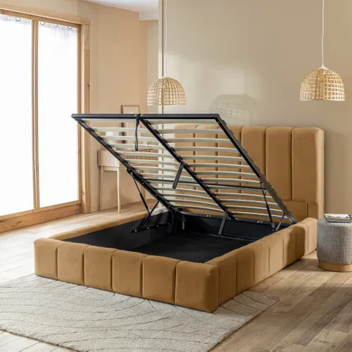 Lit Coffre 140x190 En Velours Matelassé Camel