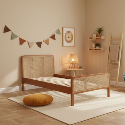 Lit Enfant 90x200 Cannage Marron Avec Tête De Lit