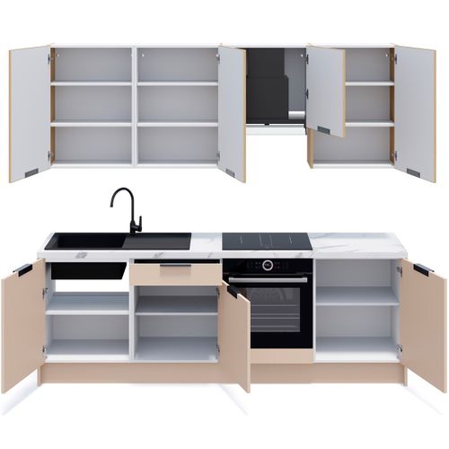 Ensemble De 8 Meubles De Cuisine - L. 245 Cm - Beige Cachemire Et Chêne Clair Cannelé - Luzia Mix
