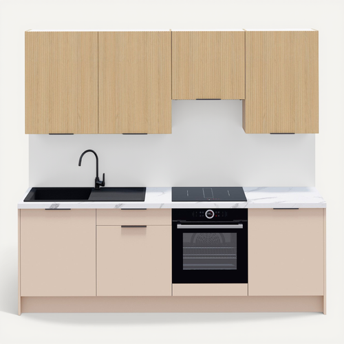 Ensemble De 8 Meubles De Cuisine - L. 245 Cm - Beige Cachemire Et Chêne Clair Cannelé - Luzia Mix