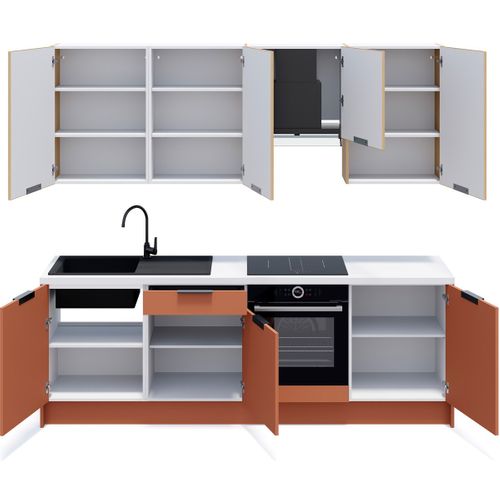 Ensemble De 8 Meubles De Cuisine - L. 245 Cm - Terracotta Et Chêne Clair Cannelé - Luzia Mix