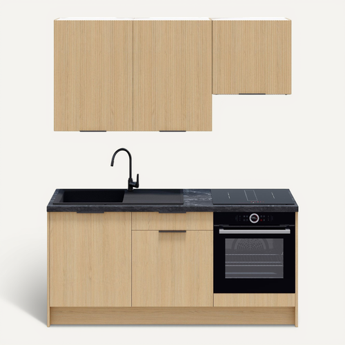 Ensemble De 6 Meubles De Cuisine - L. 185 Cm - Chêne Clair Et Chêne Clair Cannelé - Sierra Mix