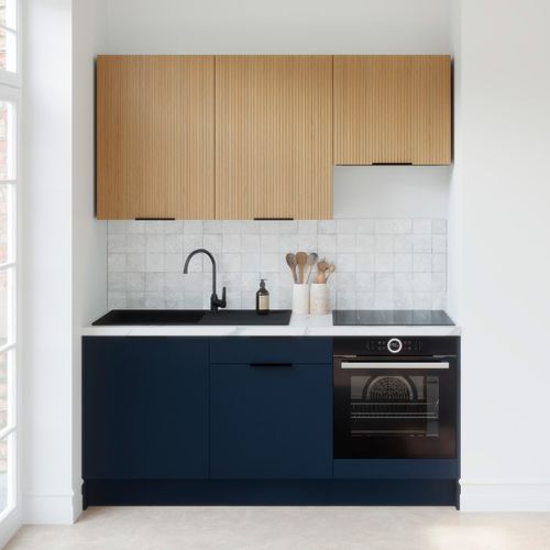 Ensemble De 6 Meubles De Cuisine - L. 185 Cm - Bleu Marine Et Chêne Clair Cannelé - Luzia Mix