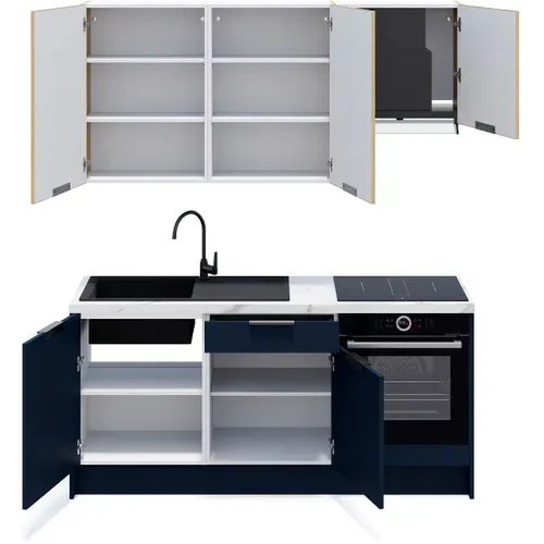 Ensemble De 6 Meubles De Cuisine - L. 185 Cm - Bleu Marine Et Chêne Clair Cannelé - Luzia Mix