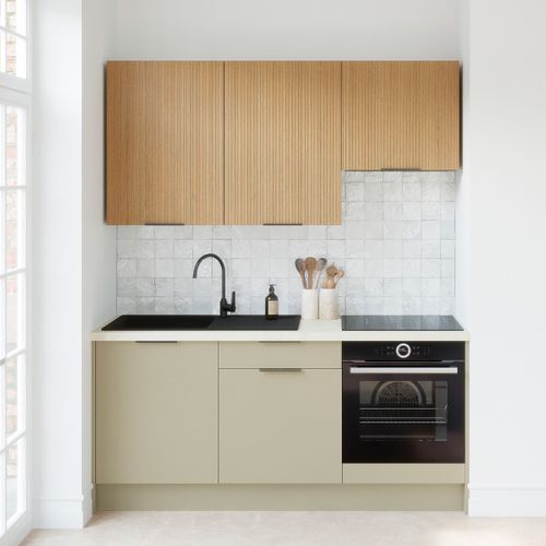 Ensemble De 6 Meubles De Cuisine - L. 185 Cm - Vert Sauge Et Chêne Clair Cannelé - Luzia Mix