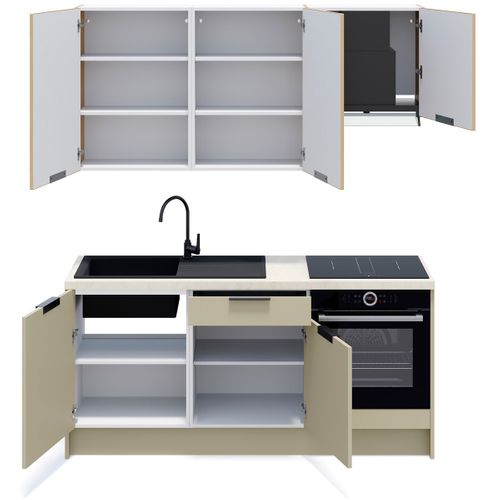 Ensemble De 6 Meubles De Cuisine - L. 185 Cm - Vert Sauge Et Chêne Clair Cannelé - Luzia Mix