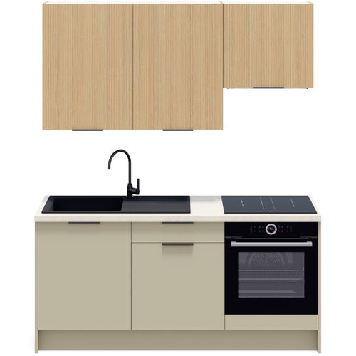 Ensemble De 6 Meubles De Cuisine - L. 185 Cm - Vert Sauge Et Chêne Clair Cannelé - Luzia Mix